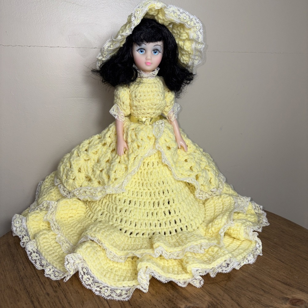 Vintage Crochet Doll Handmade Yellow Dress
